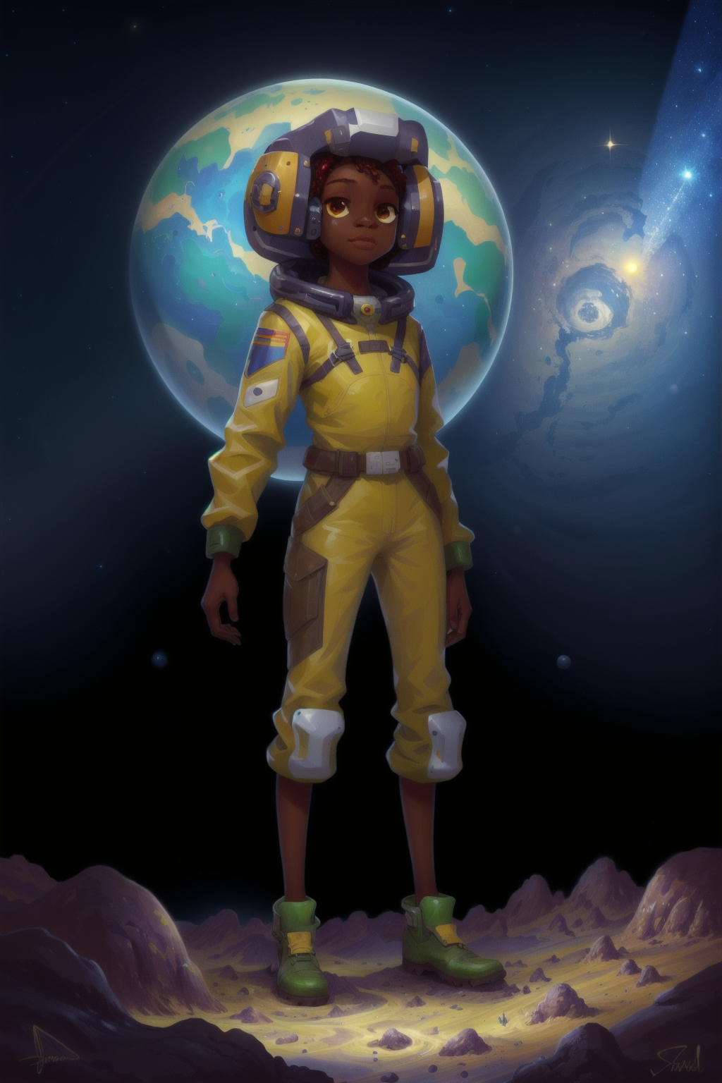 00003-51454451-a Angolan girl in a wasteland, explorer suit, alien planet, space, starfield, Alpine Meadow.png